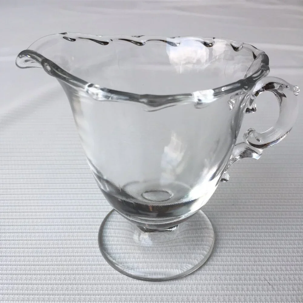Clear Glass Creamer Pitcher Syrup Sauce Ruffled Rim Edge Ornate Handle Pedestal